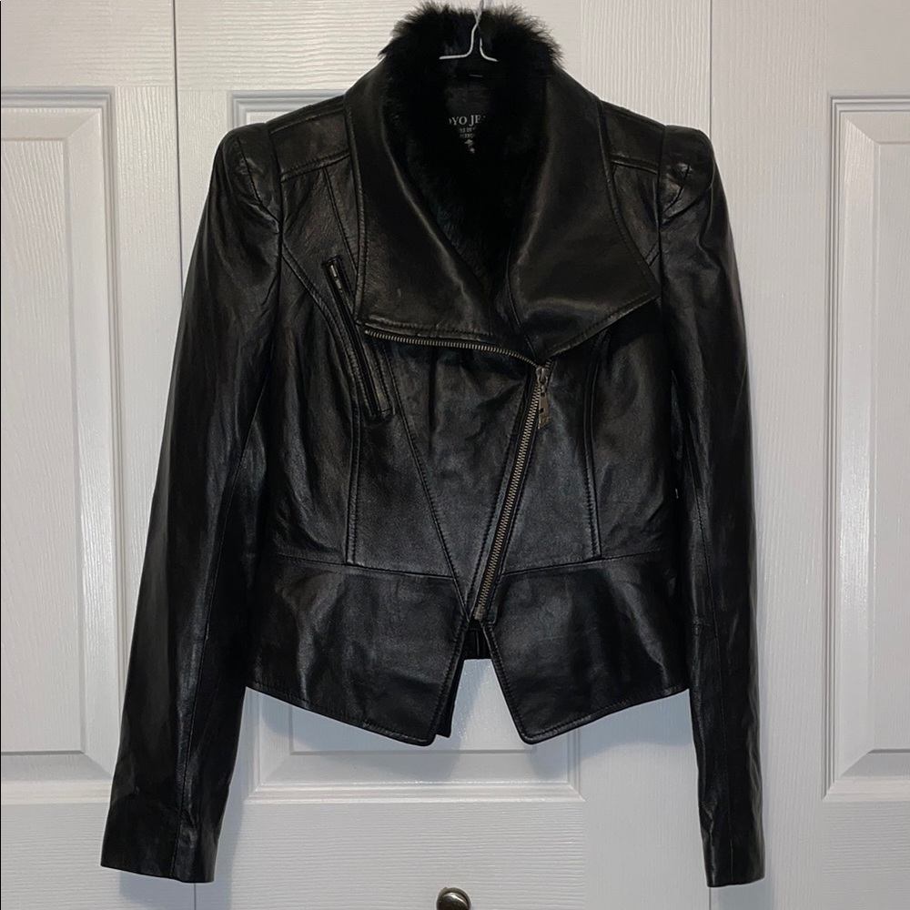 Real Leather black Jacket with rabbit fur trim inner black leather vest by Koyo